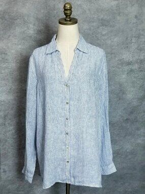 Calypso St Barth Blue White Striped Linen Shirt Size XL Coastal Grandma Beach